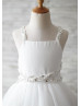 Ivory Tulle Beaded Straps Cross Back Hi Low Lace Trim Flower Girl Dress 